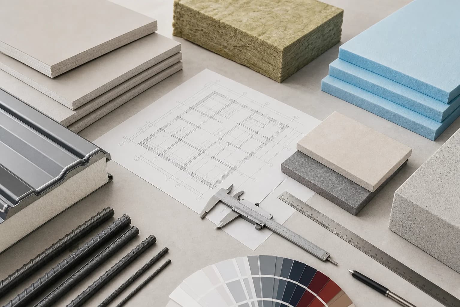 Building materials, measuring tools and architectural plan